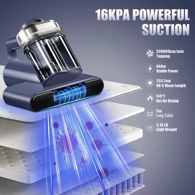Teant UV Mattress Vacuum Cleaner – 600W 16Kpa Handheld Mite Remover with HEPA Filter, Hot Air, LED Display & Aroma Function